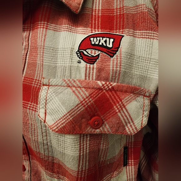 Columbia flannel, Western Ky University emblem,  red plaid, size medium - Picture 3 of 7